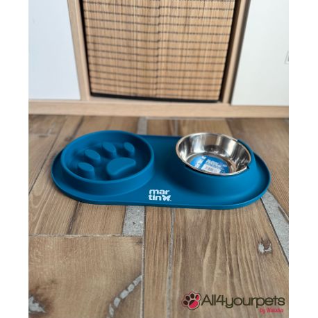 Gamelle "Anti-Glouton" bleu en silicone et inox pour chien - 350mL