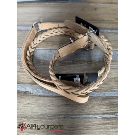 SALE - SOLDE - Ensemble collier & laisse en cuir tressé - naturel 