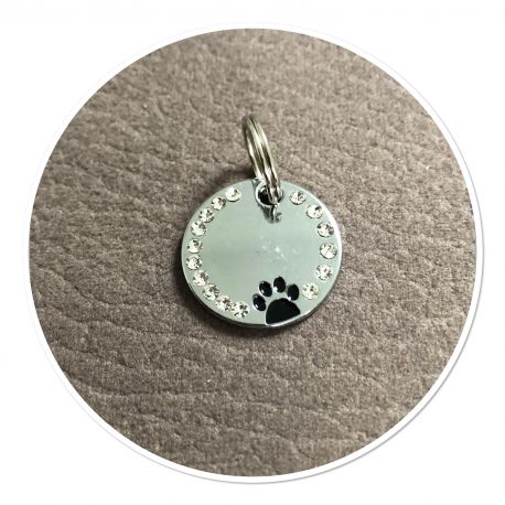 Engraved ID Tag - Bone & Pawprint - with strass - Color & engraving at your choice